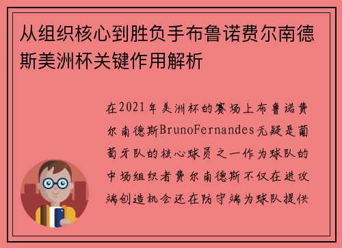 从组织核心到胜负手布鲁诺费尔南德斯美洲杯关键作用解析